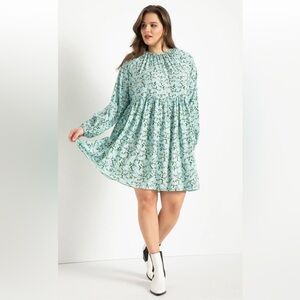 Eloquii Easy Dress with Puff Sleeves Blue Floral Pattern Midi Dress Womens 14 16